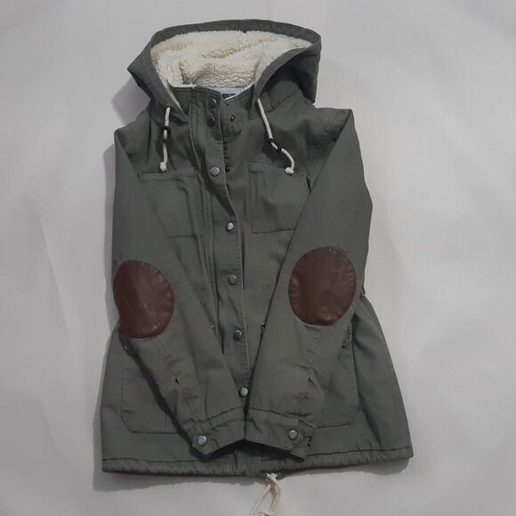 Women's Small Element jacket Olive green army coat Sherpa hood Zipper Cinched - Picture 7 of 9